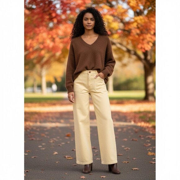 Old Navy Cream High Waisted OG Loose Wide Leg Womens Utility Denim Jeans Size 16 - Picture 2 of 12